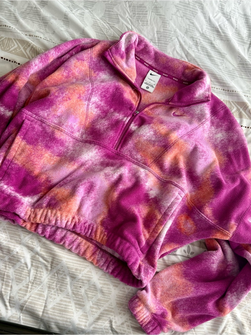 Nike Women's Purple and Orange Tie-Dye Quarter-Zip Fleece Pullover